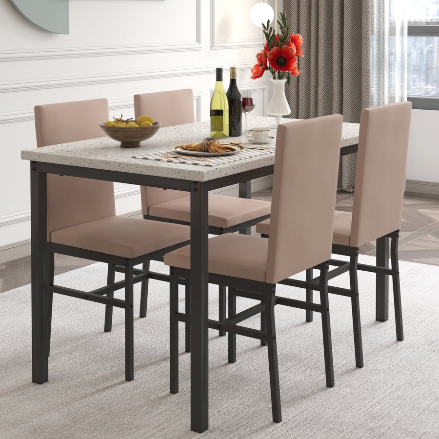5 Piece Kitchen Dining Table and Chair Set, Dining Room Table Set with Faux Marble Table PU Leather Padded Chairs, Rectangle Dining Table Set for 4, Dinette Set for Kitchen Dining Room Small Space