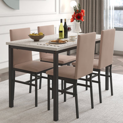 5 Piece Kitchen Dining Table and Chair Set, Dining Room Table Set with Faux Marble Table PU Leather Padded Chairs, Rectangle Dining Table Set for 4, Dinette Set for Kitchen Dining Room Small Space