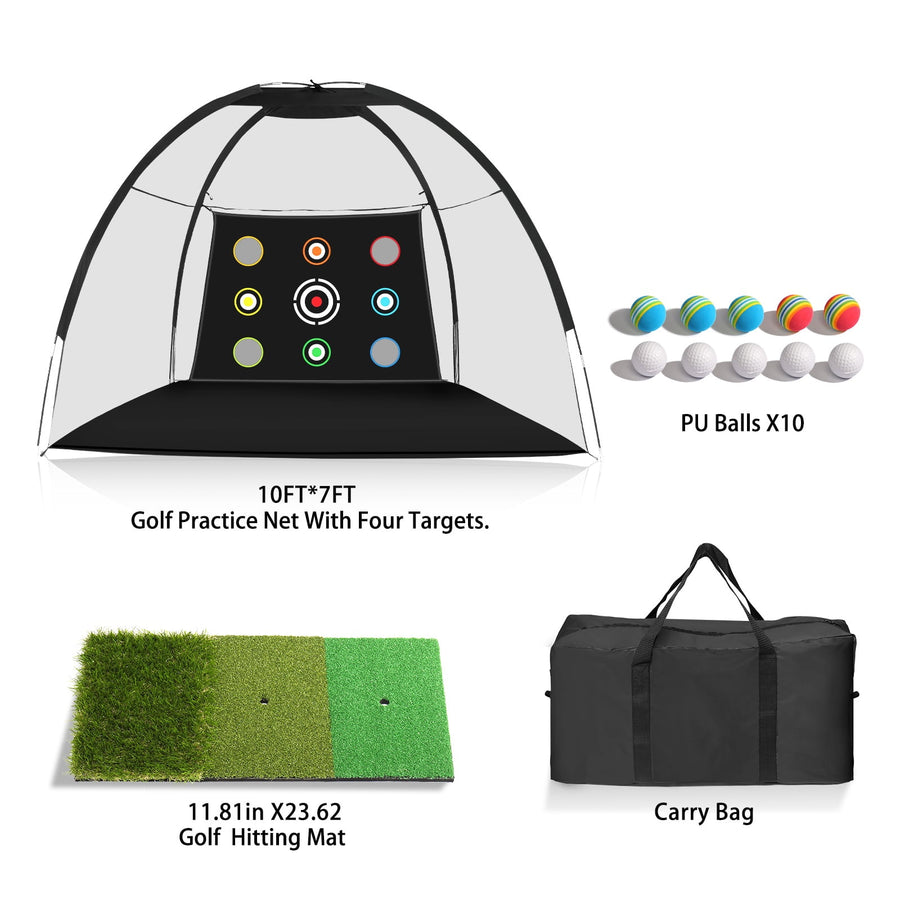 9 Targets Golf Practice Net, 10ft Backyard Golf Net with Tri-Turf Hitting Mat, Portable Golf Hitting Net with Carry Bag, Quick Assembly Golf Accessories, 10 Balls, 10 Holders, Fiberglass Rod