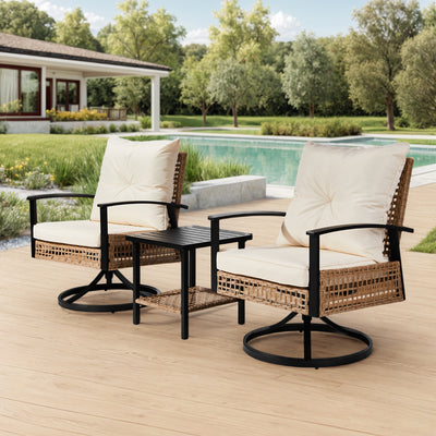 Seizeen 3-Piece Outdoor Porch Furniture, Hollow Rattan Wicker Patio Set with 360°Swivel Rocker & Table, Patio Bistro Set with Thickened Cushions for Backyard Balcony