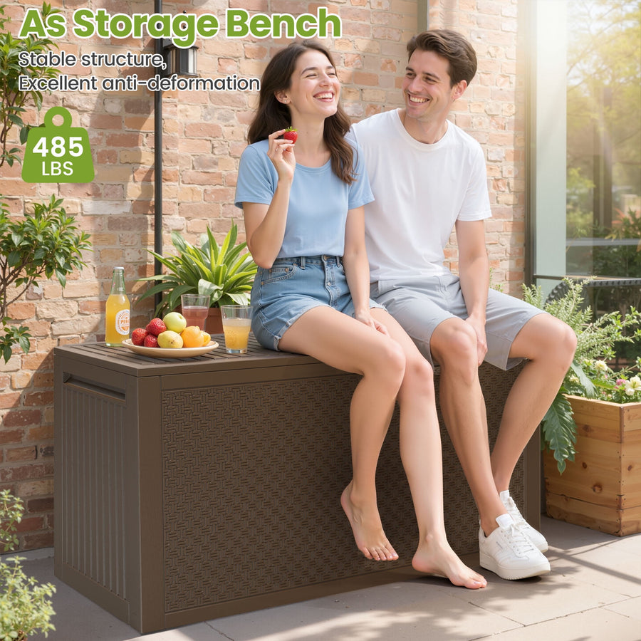 Seizeen Outdoor Storage Box Clearance, 90Gal Resin Deck Box Waterproof on Clearance, Pool Storage Bench Max 485LBS, Plastic Delivery Boxes for Outside Patio Garden, Brown