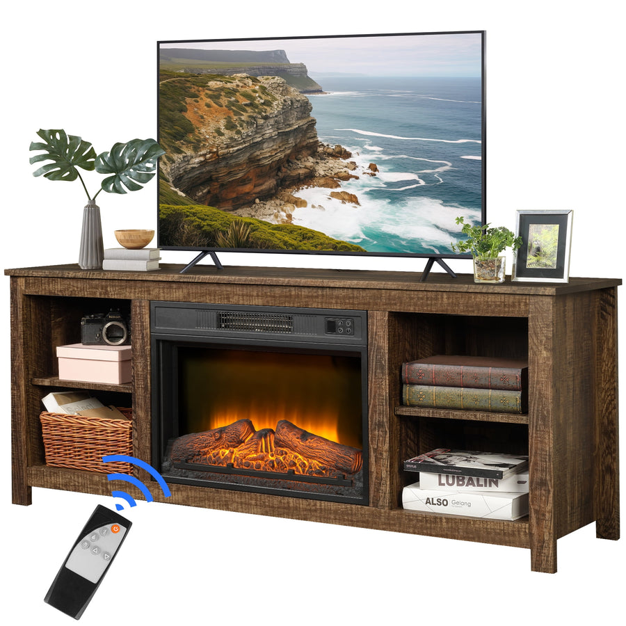 Farmhouse Electric Fireplace TV Stand, Seizeen Wood Media Entertainment Center and TV Console Cabinet for TVs Up to 65inch, 5th Gear Adjustment, Remote Control, Fake Flame,Brown