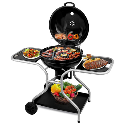 Outdoor Kettle Charcoal Grill, Portable Patio Barbecue on Wheels, 22.5'' Grill with Side Table&Ash Catcher, for Backyard Camping