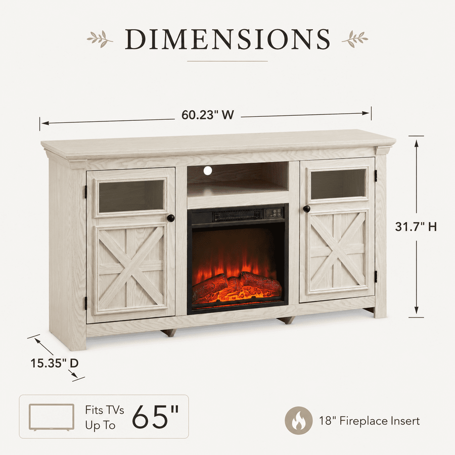 Seizeen Fireplace TV Stand for 60'' TV, 55''L Entertainment Center TV Cabinet, Farmhouse Media Console W/Large Storage, Remote Control for Fireplace, Infrared Heater & Virtual Flame, Gray Wash