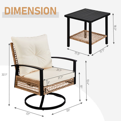 3-Piece Patio Furniture Set, Outdoor Hollow Rattan Wicker Chairs for 2 with Table, 360°Swivel Rocking Patio Bistro Set Cushioned, Front Porch Backyard Furniture