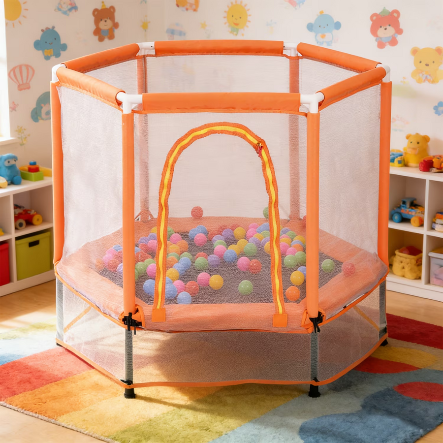 Mini Trampoline for Kids, 55'' Toddler Small Trampoline with Enclosure Net, Indoor Outdoor Toy for Boys Girls, with Ocean Balls, 6 Steel Supports, Orange