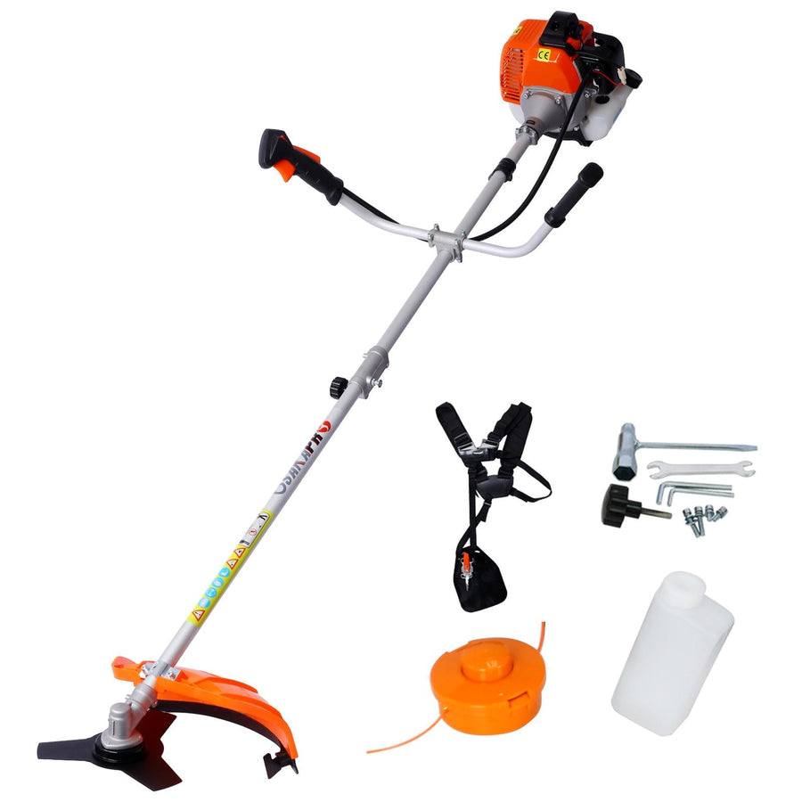 33cc Gas Weed Eater, 7-in-1 2-Cycle Gas Powered String Trimmer and Brush Cutter with Edger, Metal Blades, Quick-Change Attachments, Shoulder Harness and Safety Gear, Blue/Black