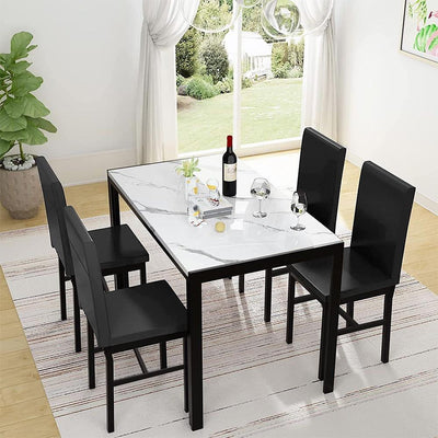5 Piece Kitchen Dining Table and Chair Set, Dining Room Table Set with Faux Marble Table PU Leather Padded Chairs, Rectangle Dining Table Set for 4, Dinette Set for Kitchen Dining Room Small Space