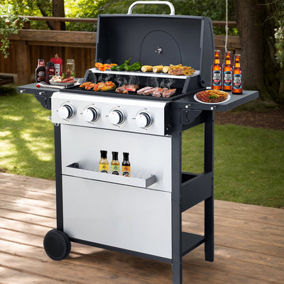 Seizeen 34200BTU 4-Burner Propane Gas Grill, Outdoor BBQ Grill on Wheels, Portable Grill Stainless Steel for Camping Patio RV Party, Foldable Side Table, Hanging Basket