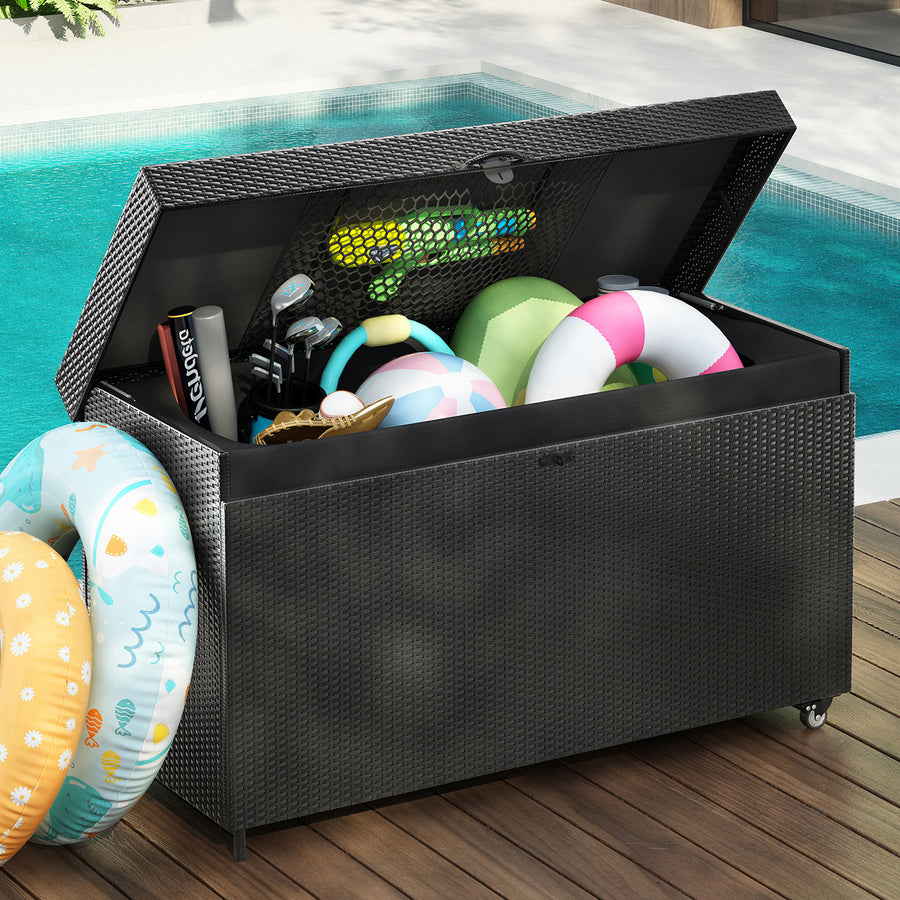 Seizeen 200Gal Outdoor Storage Box on Wheels, PE Rattan Wicker Deck Box, Pool Storage Bin for Patio Cushions Toys, Lockable Patio Storage Furniture Raised Design, All-weather Waterproof Liner
