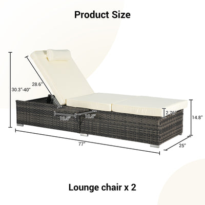 Seizeen 2pcs Chaise Lounge Chair, Rattan Wicker Outdoor Lounge Chair for Patio Poolside, All-weather Recliner for Beach w/Beige Cushion, Pillow, Back Adjustable