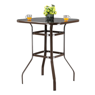 32'' Patio Table, Outdoor High Bar Table with Heavy-duty Frame, Classical Brown Tempered Glass Bistro Table Max Weight 200LBS
