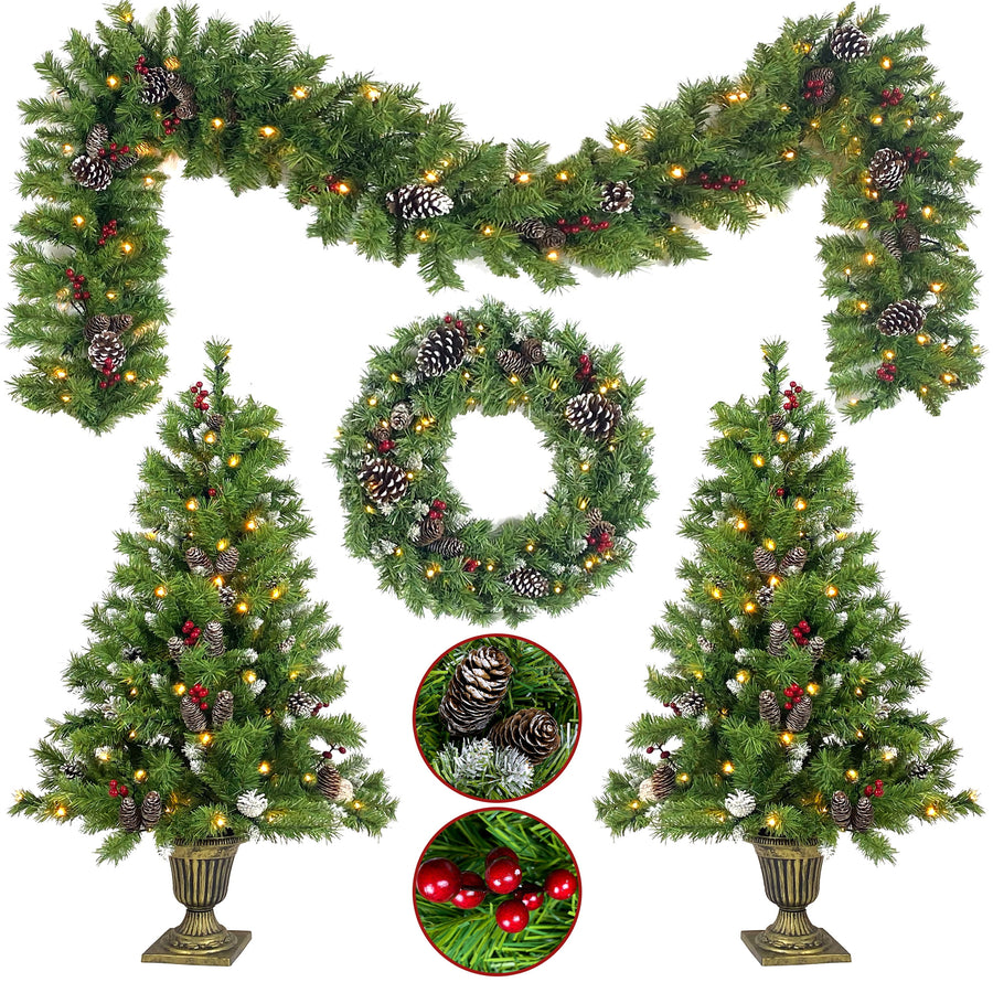 4pcs Pre-lit Christmas Decoration Set, 2 Packs 3''Christmas Entrance Trees 1.3' Wreath and 7.3' Garland, Green Artificial Xmas Decorative Set for Door Fireplace W/Warm Lights