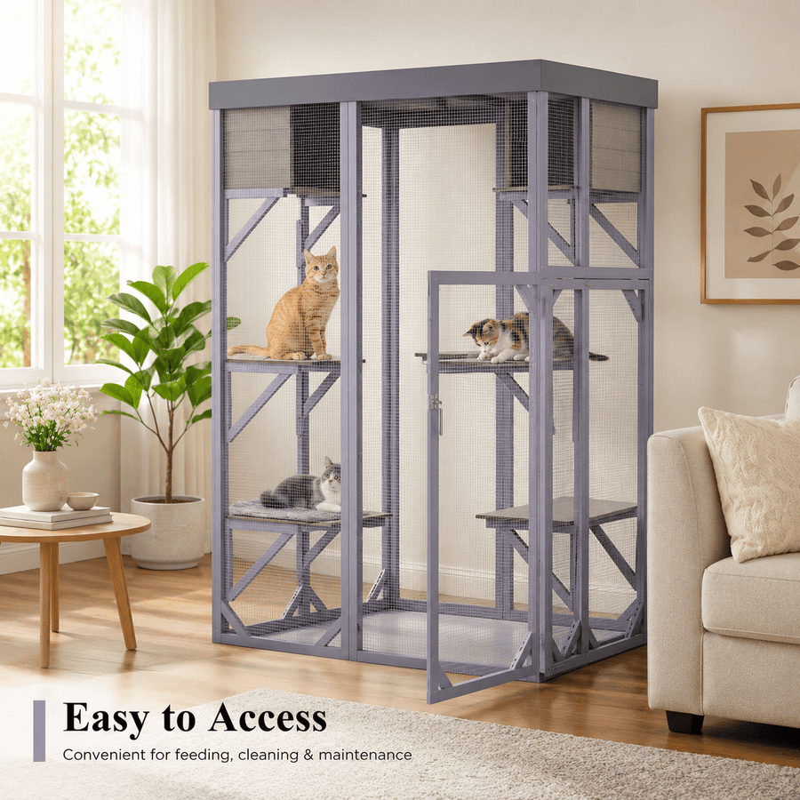 Outdoor Wooden Catio, 70 in Tall Cat Enclosure with 4 Platforms, 2 Napping Houses, Detachable Waterproof Cover and Galvanized Wire, for Indoor Outdoor Use