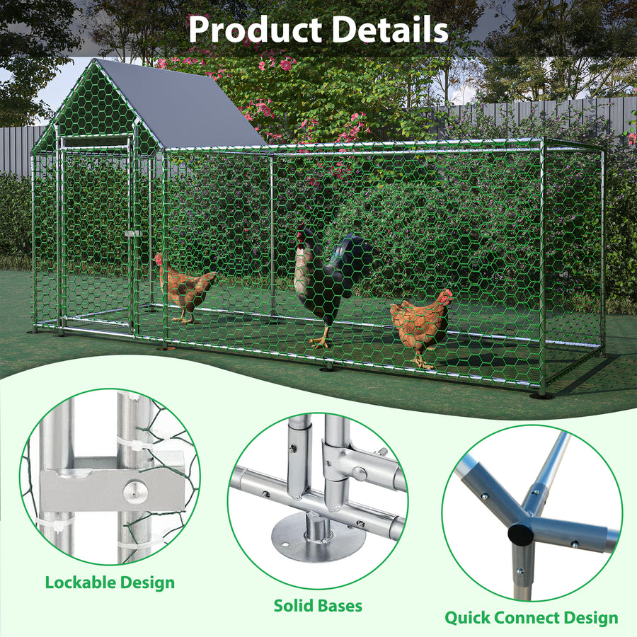 Seizeen 10x3FT Metal Chicken Coop, Chicken Run with Waterproof Cover, Walk-in Poultry Cage Hen House Habitat for Backyard Chickens, Ducks, Rabbits, Silver