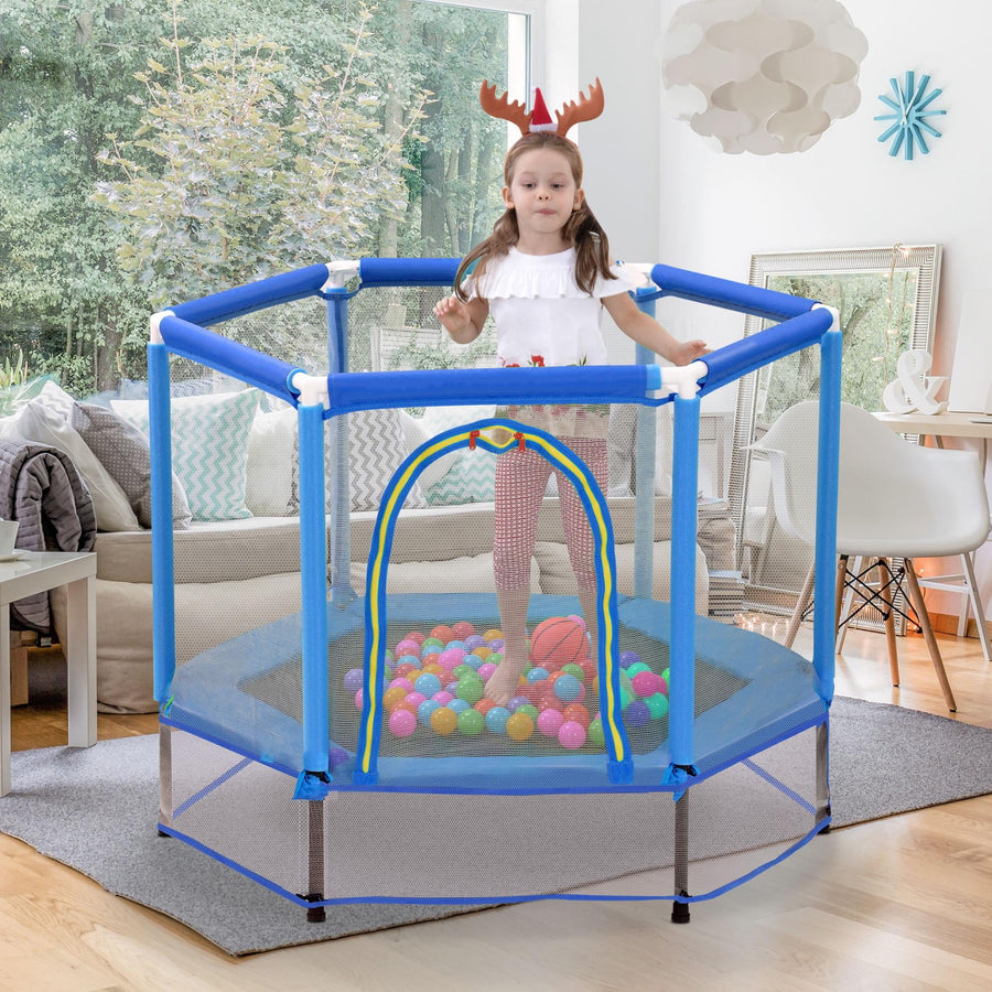 55'' Mini Toddler Trampoline, Small Trampoline for Kids with Enclosure Net, Round Indoor Outdoor Trampoline w/Balls as Gift for Boy & Girl Christmas, Halloween, Birthday Toy, Blue