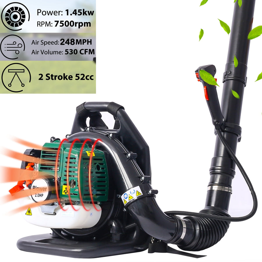 Backpack Leaf Blower Gas Powered 52CC, Seizeen Cordless Leaf Blower 530CFM Powerful, with Adjustable Handle & Extended Tube for Yard, Green