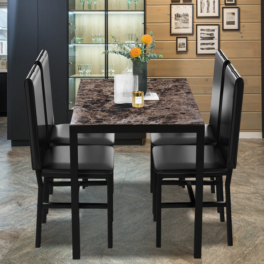 Modern Dining Set for 4, 5-Piece Dining Table and Chairs Set, 1 Table with Marble Top, 4 Leather Chairs for Kitchen Dining Room Living Room, Brown