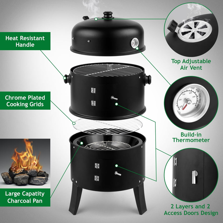 Seizeen 16" Smoker Outdoor 3-in-1 Charcoal Grill, Portable BBQ Grill Fire Pit Combo Double-layer Design