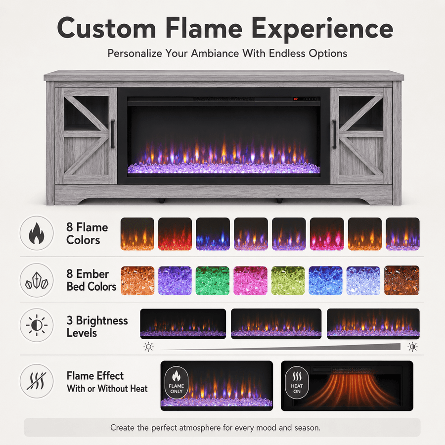 75" Fireplace TV Stand for TVs up to 80", Entertainment Center with 44" Electric Fireplace, 1500W Infrared Quartz Heater, Remote Control and Timer, TV Media Console Cabinet  w/2 Doors & Shelves