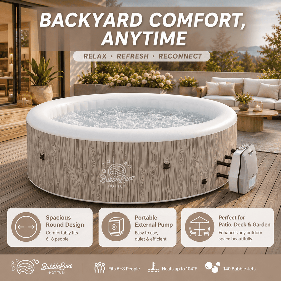 Seizeen 6 Person Inflatable Hot Tub, 80 Inch Portable Outdoor Spa with 140 Air Jets, 259 Gal Heated Bubble Massage Spa with Cover, Wood Brown