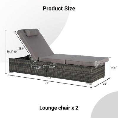 Outdoor Lounge Chairs, Seizeen Rattan Chaise Lounge Set of 2, All-weather Pool Recliner w/Side Table, Light Gray Cushions, Adjustable Backrest