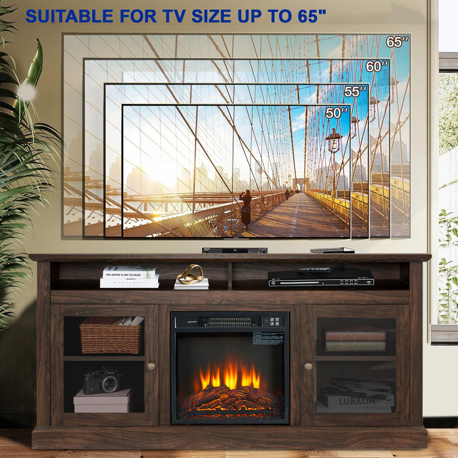 Seizeen Fireplace TV Stand with Storage, for TVs up to 65 Inches, Entertainment Center with Fireplace, Media Console Cabinet for Living Room, 60 Inch, Brown