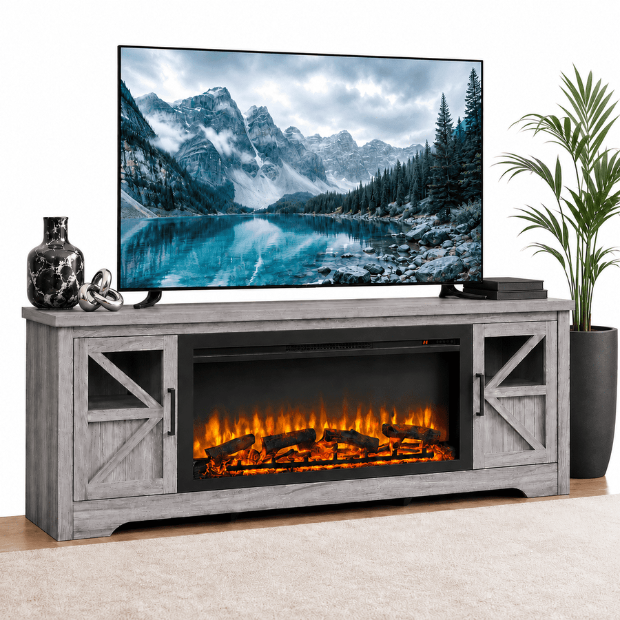 Fireplace TV Stands for Living Room, Multifunctional TV Console With 18'' Fireplace, Retro Entertainment Center for Bed, Multi-color 3D Flame, 62-82℉ Heating Only Mode, Timer