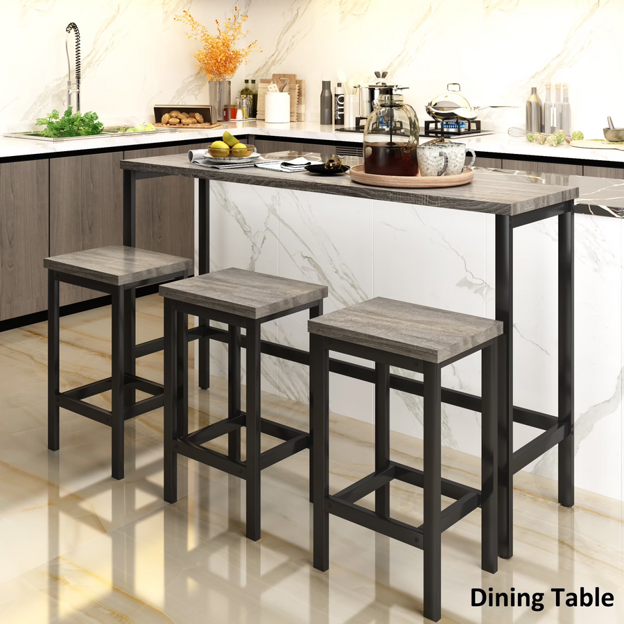 Seizeen Bar Table Set of 4, Modern Counter Height Dining Table & 3 Stools, Grey Wood Grain Pub Bistro Set with 3 Height Stools for Small Space Kitchen Cafe Shop