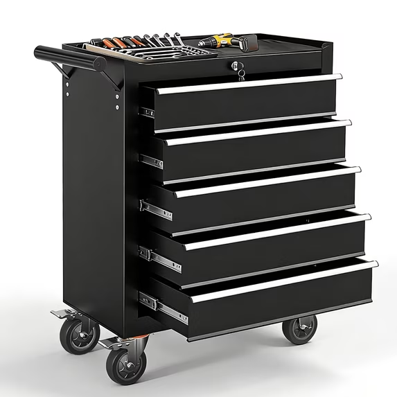 Tool Chest on Wheels, 5-Drawer Rolling Tool Box with Workbench Top, Multifunctional Tool Storage Organizer for Garage, Warehouse, Workshop