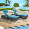 Outdoor Chaise Lounge Chairs Set of 2, PE Wicker Patio Rattan Reclining Chair Cushioned w/ Adjustable Backrest, Pool Sunbathing Recliners with Side Table, Pillow, Lake Blue