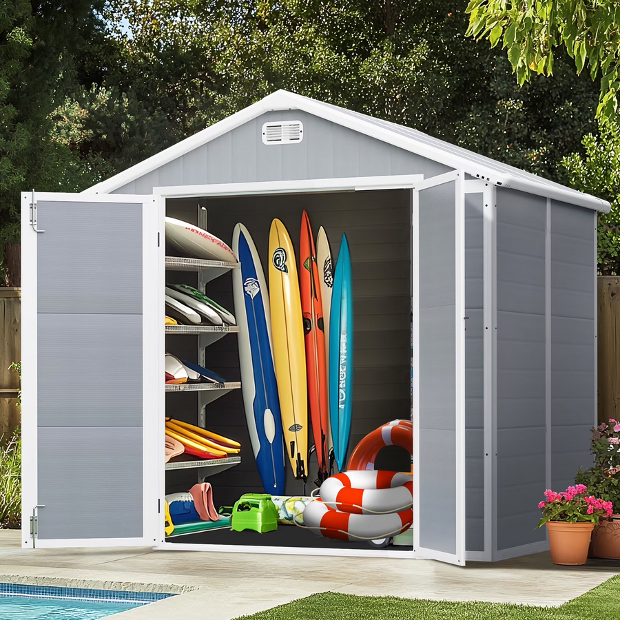 7.5x6.5FT Shed and Outdoor Storage, All-weather Plastic Shed XL Size with Floor, Tool Bike Storage Shed for Garden Yard, Double Vent, Drainage Hole, Multi-purpose Outdoor Storage