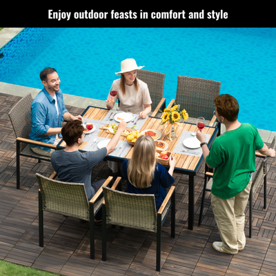 Seizeen 7-Piece Outdoor Table and Chairs, Patio Table Set with 6 Rattan Chairs, All-weather Outdoor Patio Dining Sets Rectangular Metal Table with Acacia Wood Top, Umbrella Hole, Gray