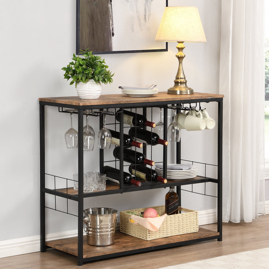 Wine Rack Cabinet & Table, 3-Tier Bar Cabinet with Storage Rack, Freestanding Wine Bar Cabinet with 12-Bottle, Metal Industrial Coffee Bar Table for Kitchen Pantry Dining Room, Brown