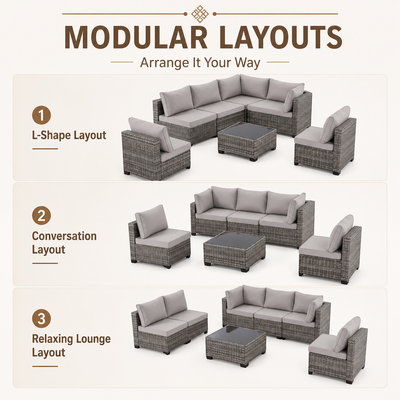 Seizeen Outdoor Furniture, 7PCS Patio Furniture Set Sectional Sofa with Cushions, Front Porch Balcony Furniture Conversation Couch Set with Table