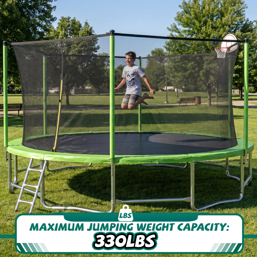 16FT Kids Trampoline with Hoop - Outdoor Trampoline W/Enclosure Net & Ladder, XXL Round Trampolines with Steel Support, Max Weight Capacity 1320LBS