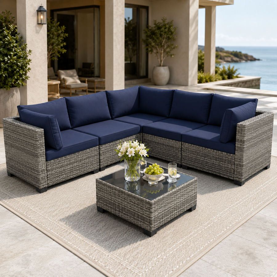 7 Pieces Outdoor Funiture Set, Heavy-Duty Metal Frame Patio Funiture Set with Thick Cushions,Rattan Outdoor Couch Sectional Sofa Set with Coffee Table, Brown
