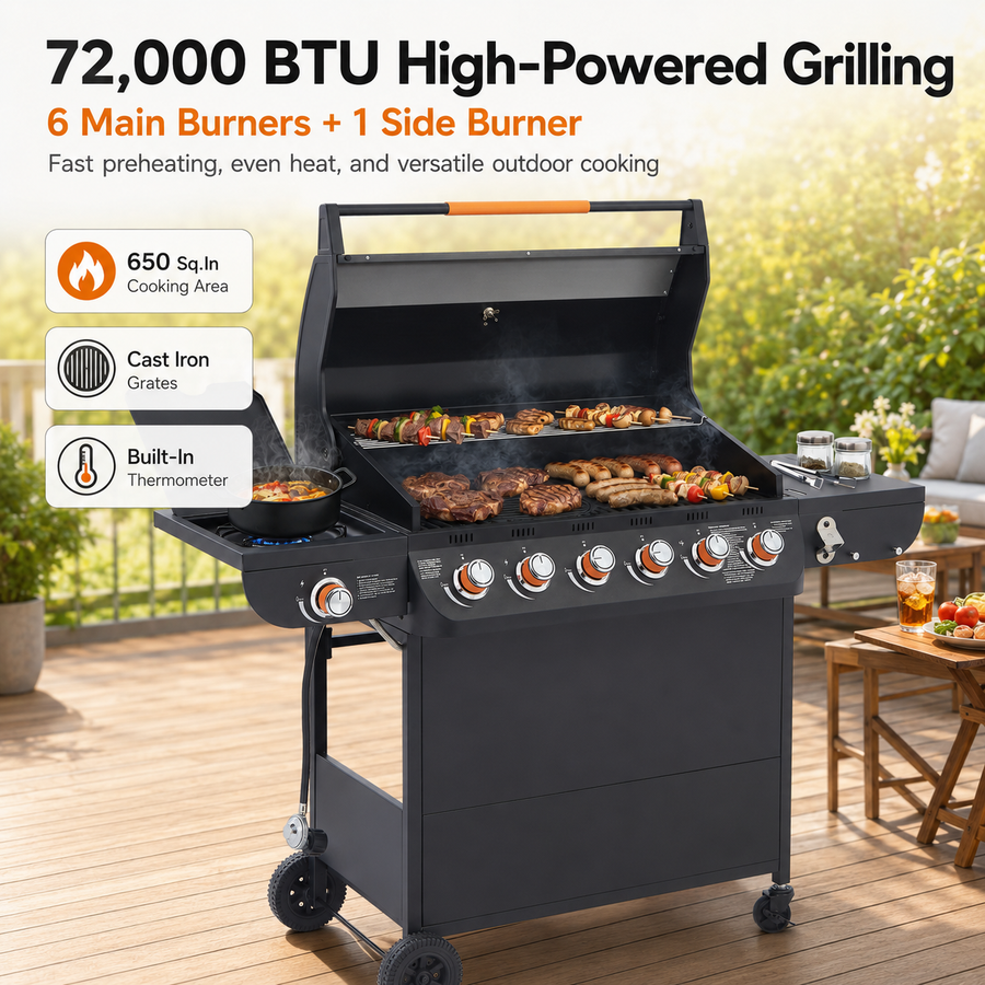 Seizeen 72,000 BTU Powerful Gas Grill, 6-Burner Propane BBQ Grill with Side Burner, w/Cast Iron Grates, Warming Rack, Thermometer