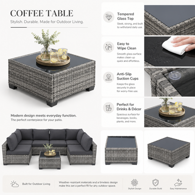 7 Pieces Patio Funiture Set, Outdoor Furniture Sectional Sofa Set,Manual Wicker Rattan Patio Conversation Set Heavy-duty Frame, with Cushions and Table, Gray