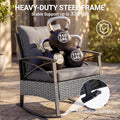 Patio Outdoor Furniture Set, 3PCS Rattan Wicker Rocking Chair Set Balcony Furniture, Steel Frame Patio Chairs with 2-Tier Coffee Table, Thick Seat Cushions and Pillows