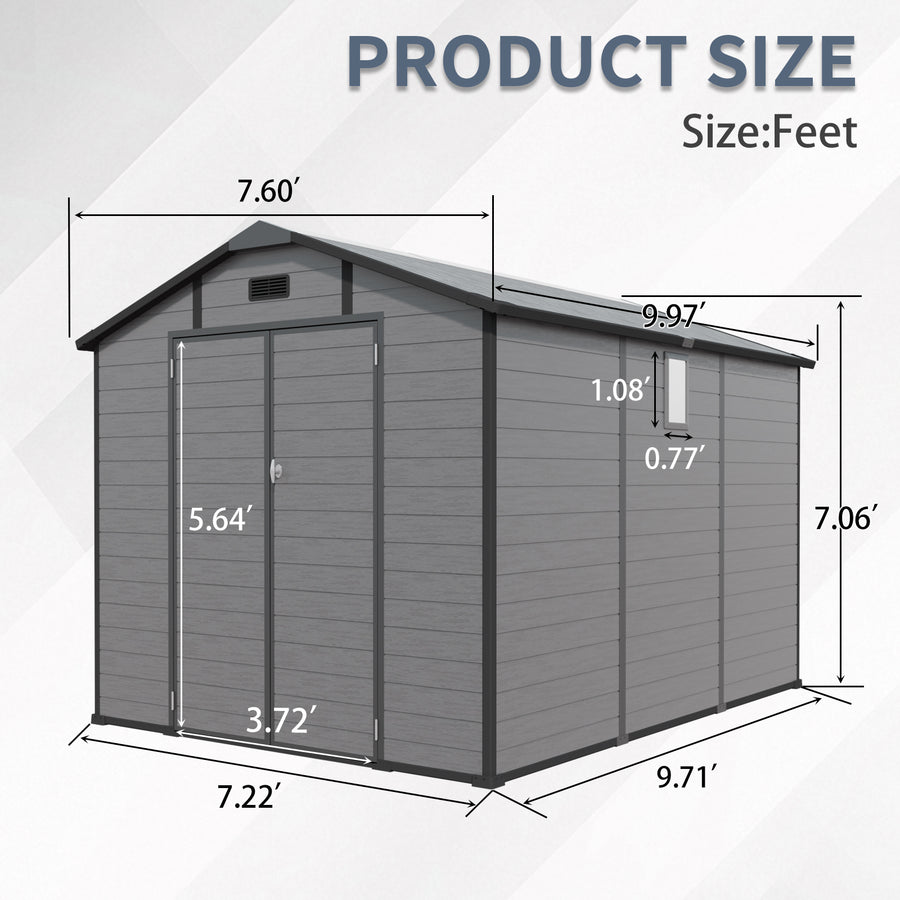 10x7.6ft Shed and Outdoor Storage, Garden Tool Resin Shed w/ Double Lockable Doors, All-Weather XXL Patio Storage Sloped Roof, Backyard Bike Shed with 2 Windows
