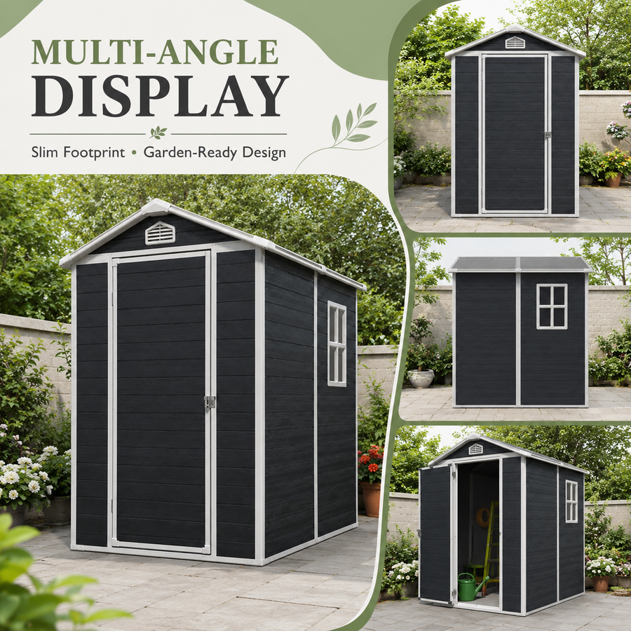 Seizeen 4 x 6 FT Plastic Storage Shed with Floor, Sloped Roof Outdoor Resin Shed with Window & Vents, Lockable Garden Tool Shed for Backyard Patio Lawn, Black