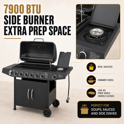 Seizeen 6 Burner Propane Gas Grill, 59000 BTU BBQ with Side Burner, 576 Sq In Cooking Area, Porcelain-Enameled Grates