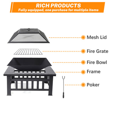 32'' Multipurpose Fire Pit, Outdoor Fire Pit Table for Net Lid/Poker, Square Bronze Firepit Stove for Outside Camping Backyard Bonfire