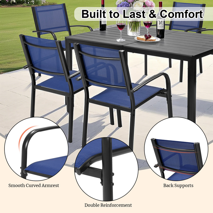 7-Piece Patio Dining Set – Outdoor Rattan Dining Set with 6 Textilene Chairs, Plastic Wood Grain Weather-Resistant Table and Chairs for Garden, Backyard & Poolside