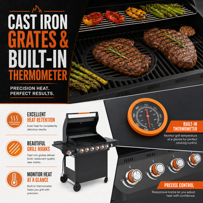 6-Burner Propane Gas Grill with Side Burner, 72,000 BTU Stainless Steel BBQ Grill with Cast Iron Grates, 650 Sq.In Cooking Area, Warming Rack, Thermometer, Side Tables & Wheels for Outdoor Patio Back