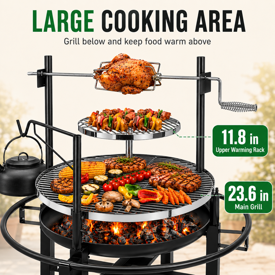 Seizeen Wood Fire Pit, 33'' Round Charcoal Grill Firepit Combo, Outdoor Iron BBQ Grill with Adjustable Cooking Grate, Portable Camping Grill & Outdoor Fireplace for Backyard Patio Picnic