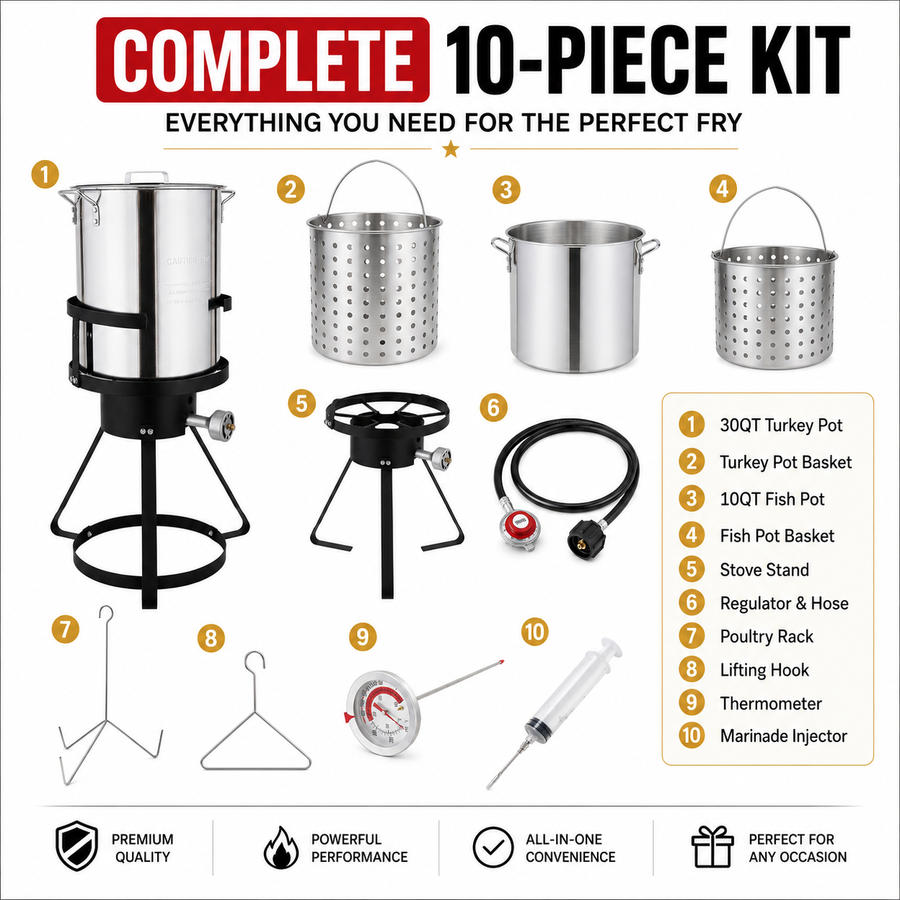 4PCS Outdoor Turkey Fryer Kit, 54,000 BTU Propane Deep Fryer with 30QT & 10QT Aluminum Seafood Boil Pots, Baskets, 32.3-Inch Iron Stand, Poultry Rack, Thermometer and Injector
