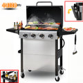4000BTU Propane Gas Grill, Seizeen Stainless Steel 4-Burner BBQ Grill , Outdoor Patio Camping Portable Grill w/Foldable Side Table, Hanging Basket, Steel Brush, Universal Wheels