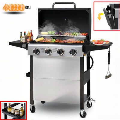 4000BTU Propane Gas Grill, Seizeen Stainless Steel 4-Burner BBQ Grill , Outdoor Patio Camping Portable Grill w/Foldable Side Table, Hanging Basket, Steel Brush, Universal Wheels